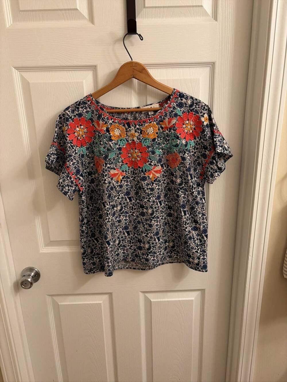 THML Floral Embroidered Boho Blouse with Flutter Sleeves